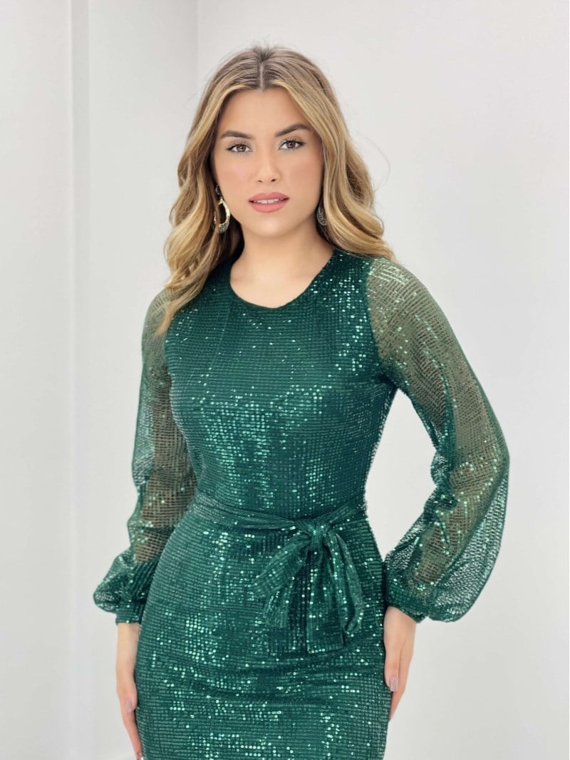 Pleated Sequin Design Dress - Emerald Green