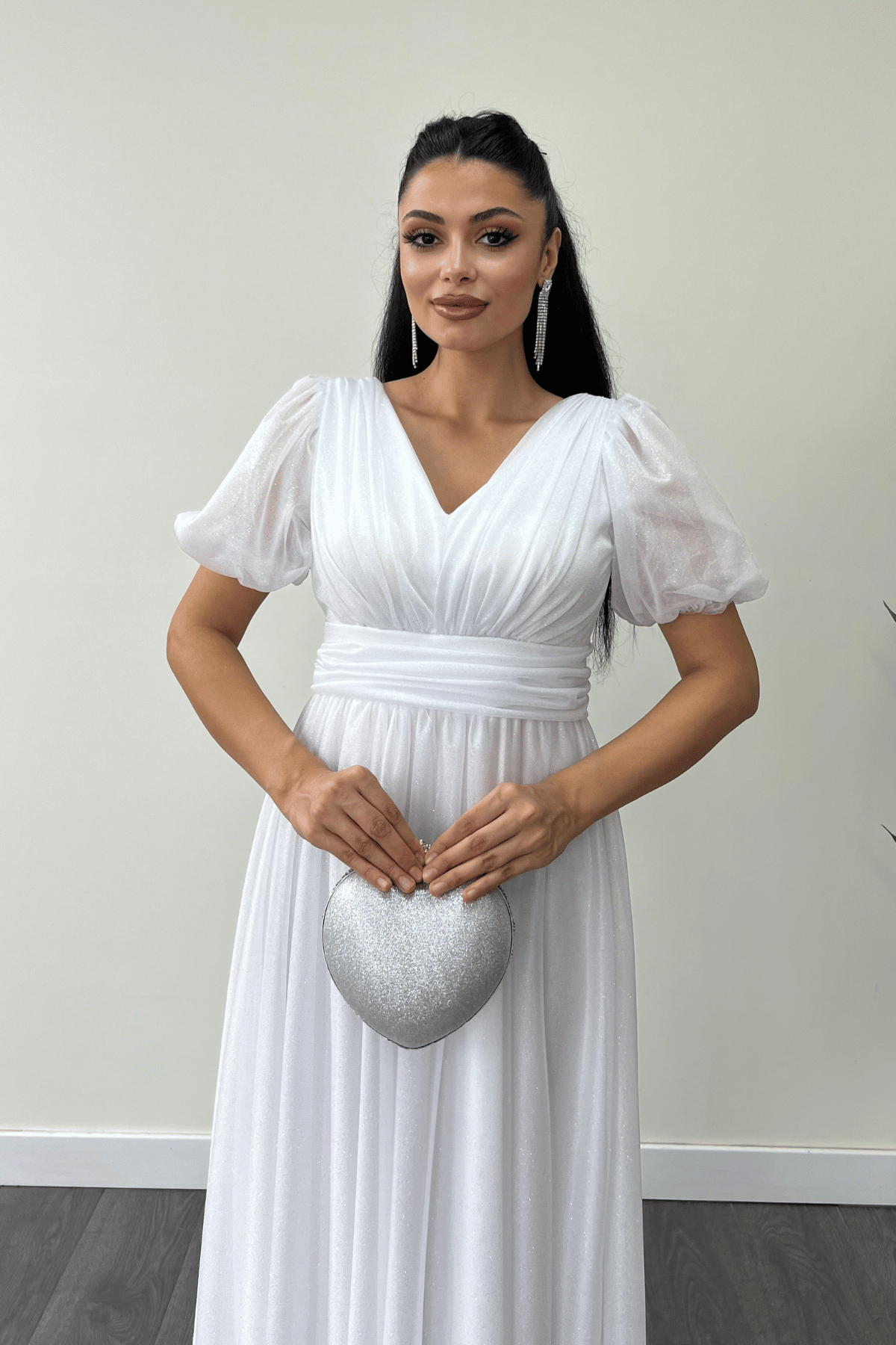 Tül Simli Kumaş Büzgü Detaylı Midi Elbise - BEYAZ