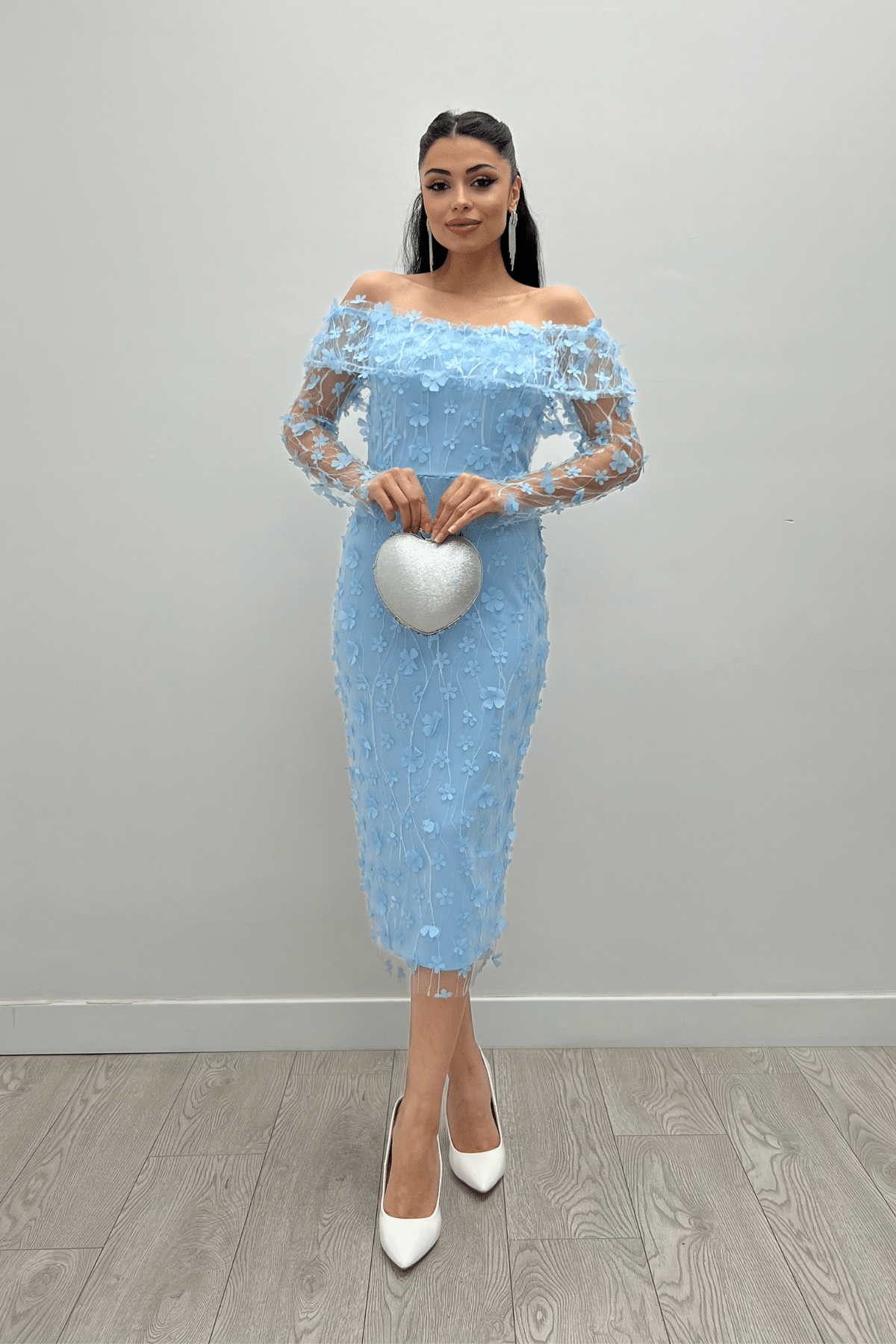 Üç Boyut Çiçekli Kumaş Kayık Yaka Kalem Elbise - BUZ MAVİ