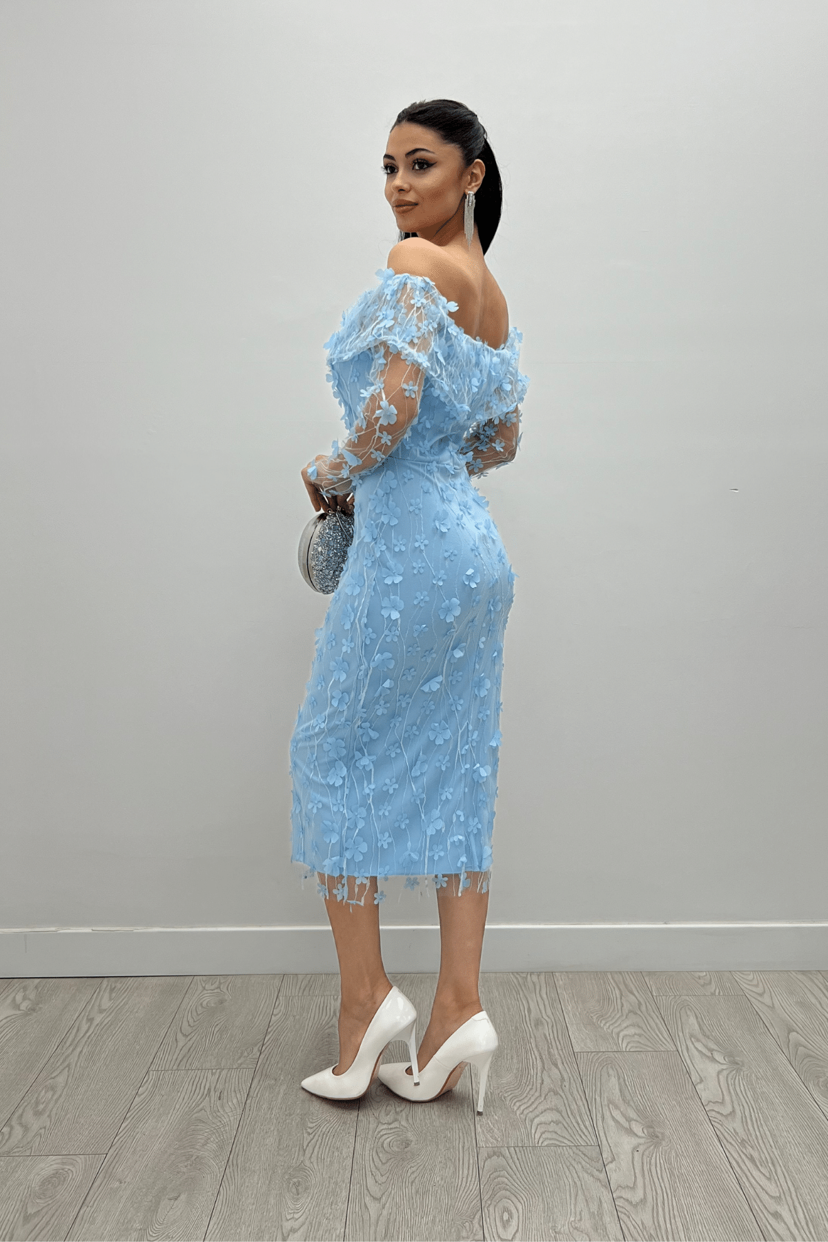 Üç Boyut Çiçekli Kumaş Kayık Yaka Kalem Elbise - BUZ MAVİ