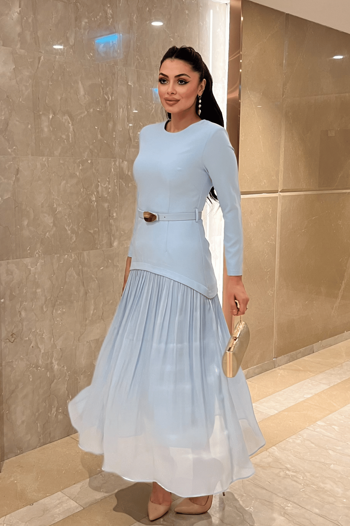 Üst Atlas Alt Şifon Kumaş Elbise - BEBE MAVİSİ