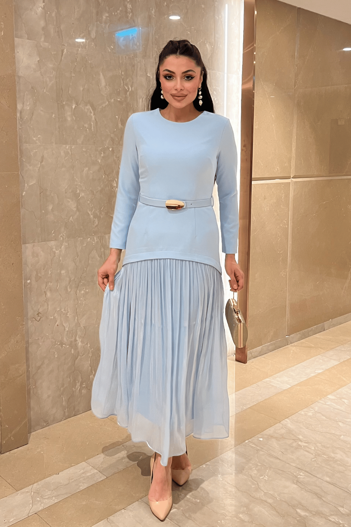 Üst Atlas Alt Şifon Kumaş Elbise - BEBE MAVİSİ