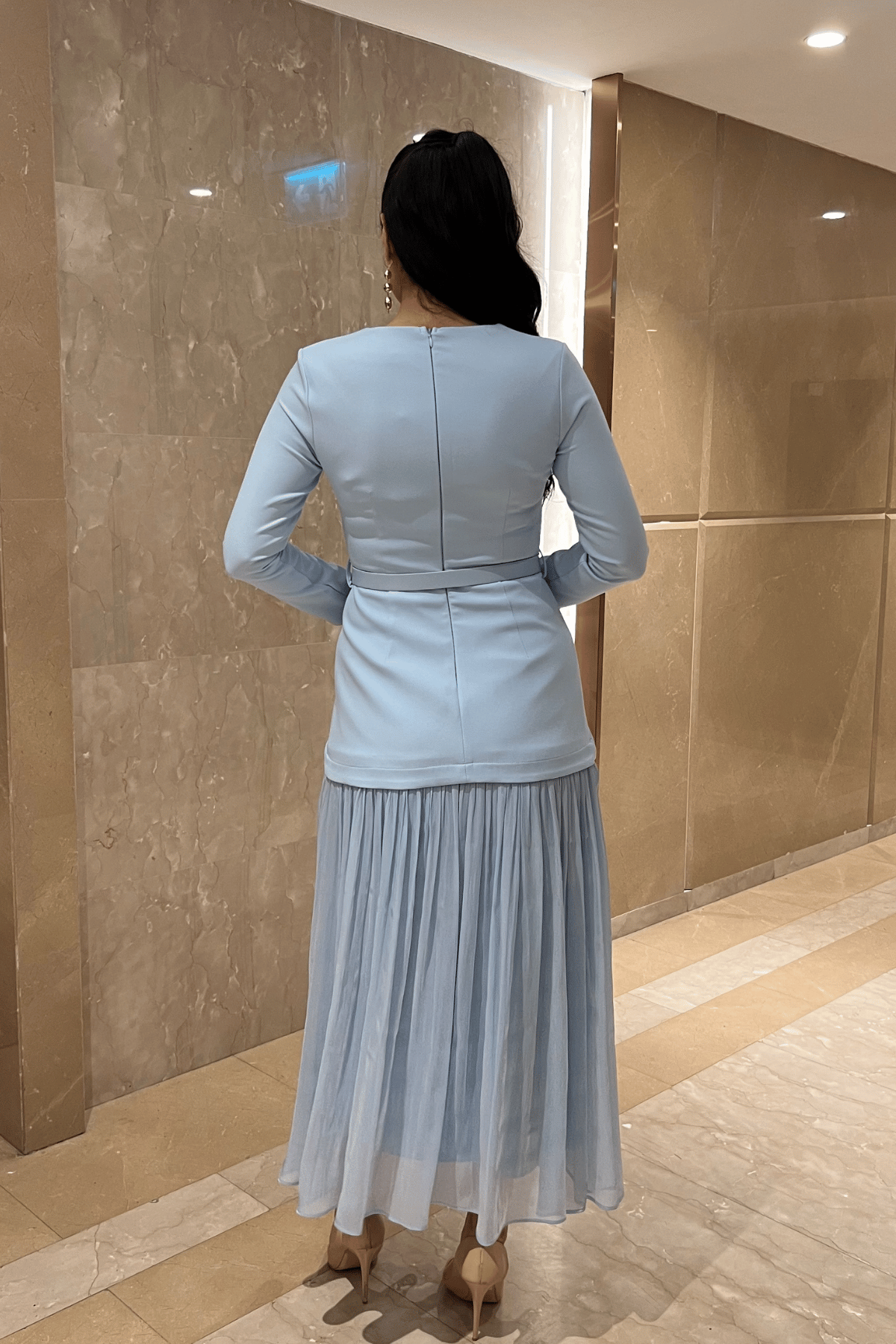 Üst Atlas Alt Şifon Kumaş Elbise - BEBE MAVİSİ