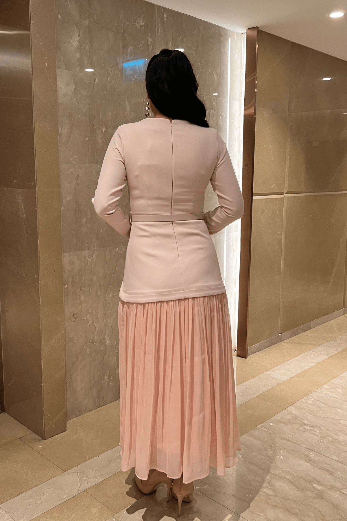 Üst Atlas Alt Şifon Kumaş Elbise - PEMBE