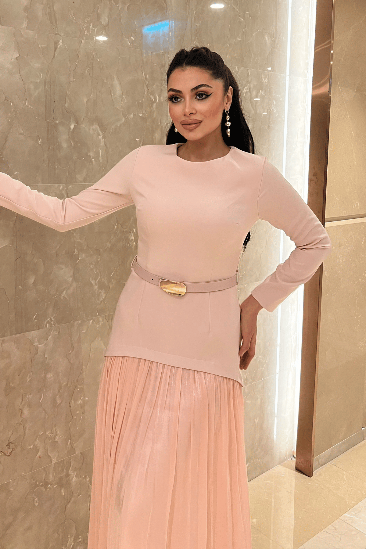 Üst Atlas Alt Şifon Kumaş Elbise - PEMBE