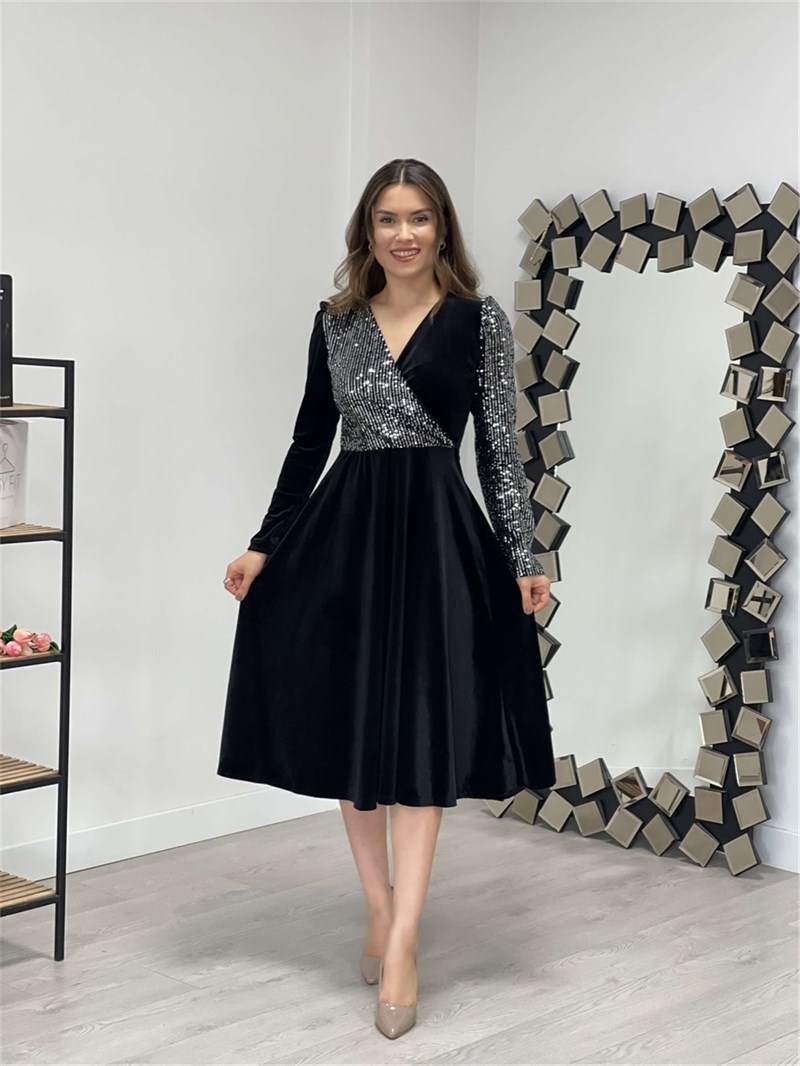 Üst Payet Alt Kadife Elbise  - Gümüş