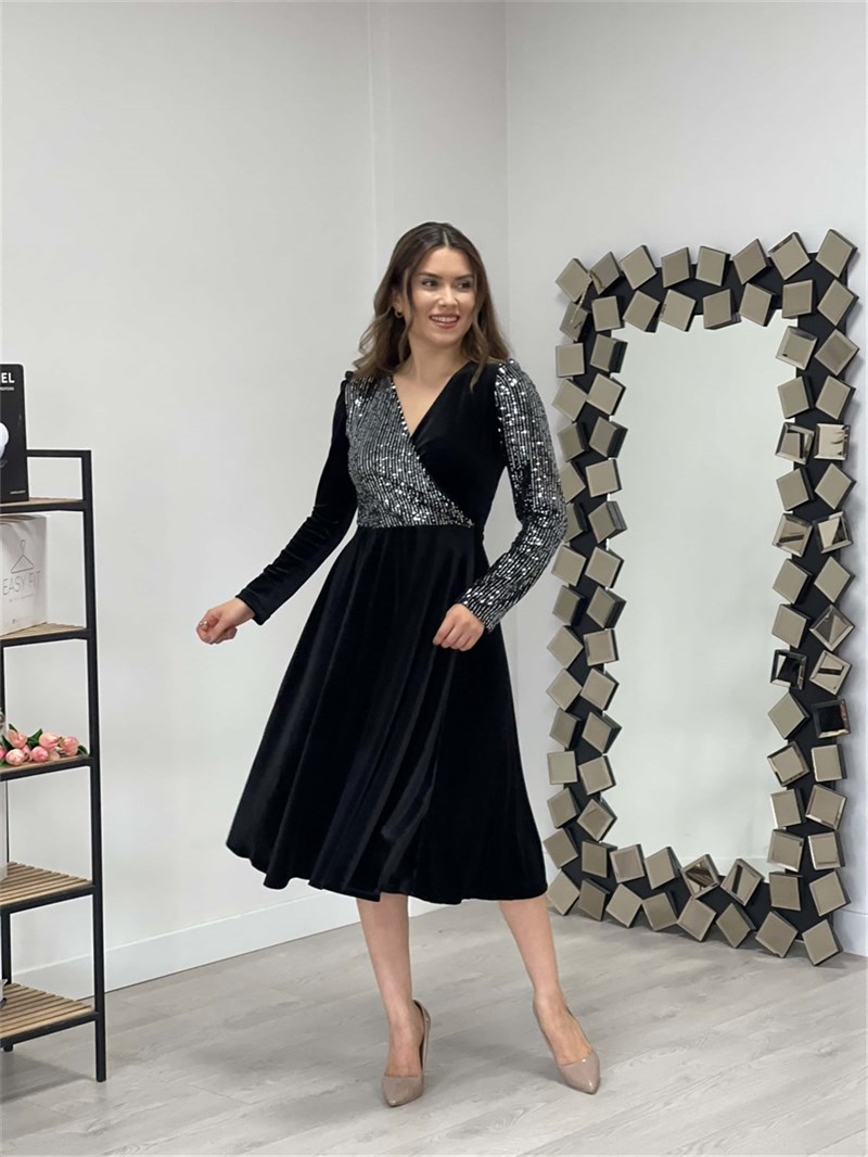 Üst Payet Alt Kadife Elbise  - Gümüş