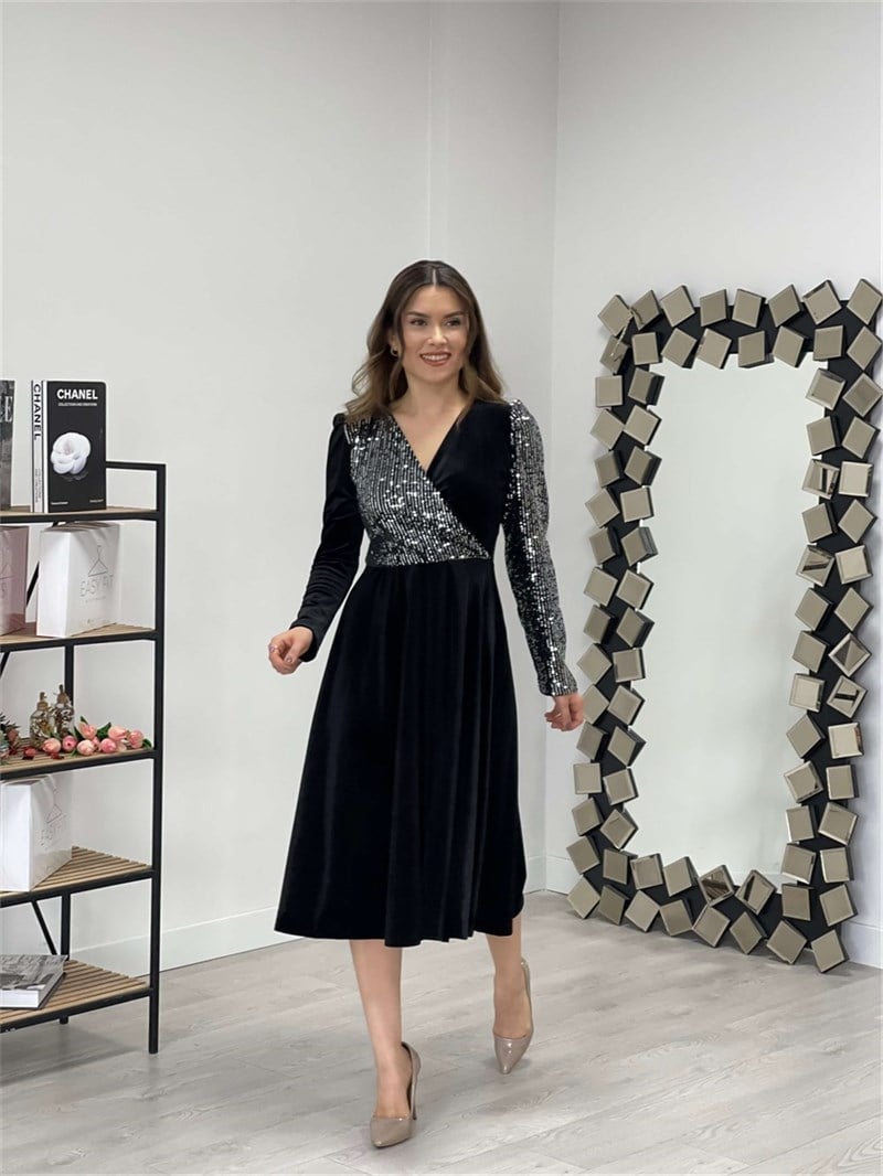 Üst Payet Alt Kadife Elbise  - Gümüş