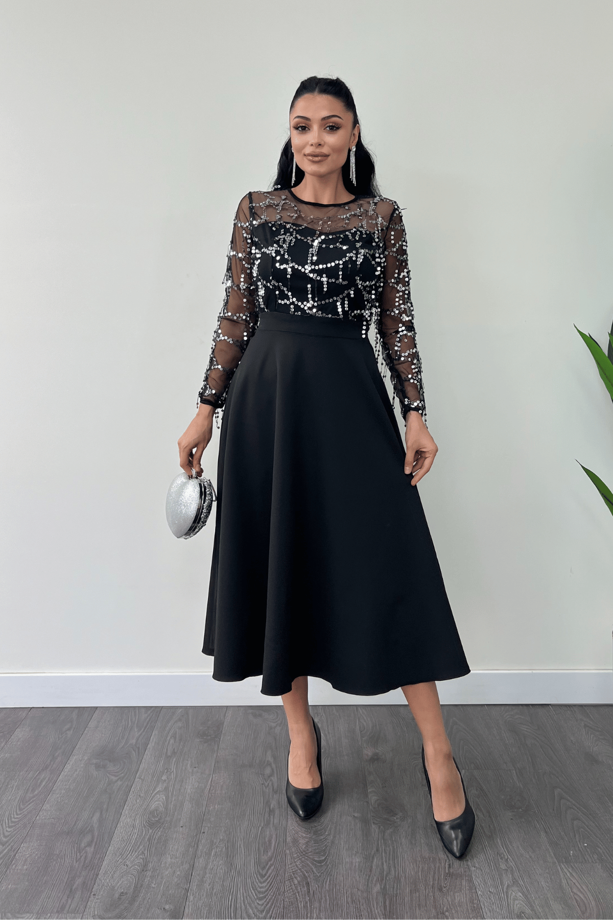 Üst Saçaklı Payet Alt Double Kumaş Midiboy Elbise - GÜMÜŞ