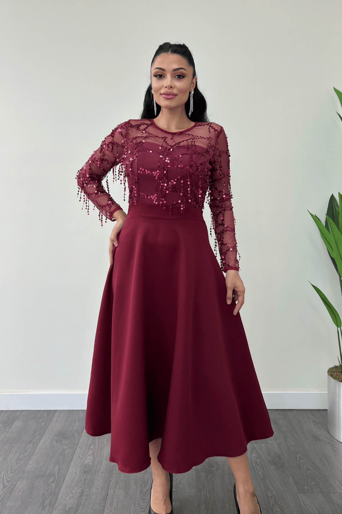 Üst Saçaklı Payet Alt Double Kumaş Midiboy Elbise - BORDO