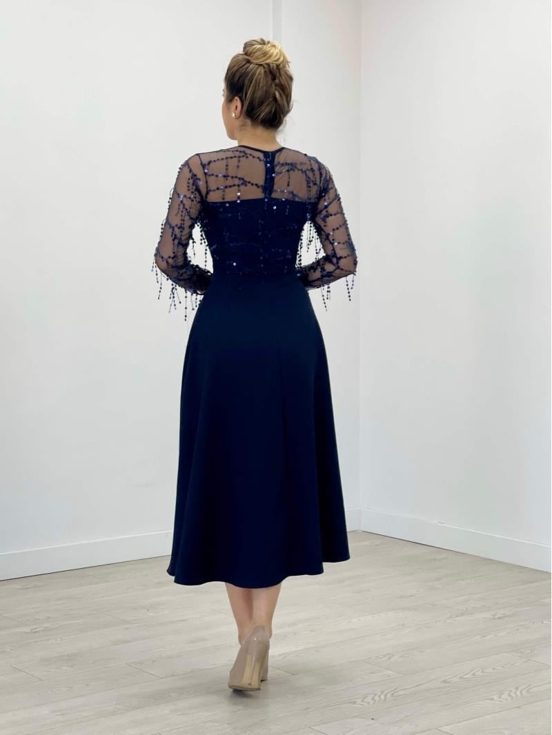 Top Fringed Sequin Bottom Crepe Fabric Midiboy Dress - NAVY BLUE