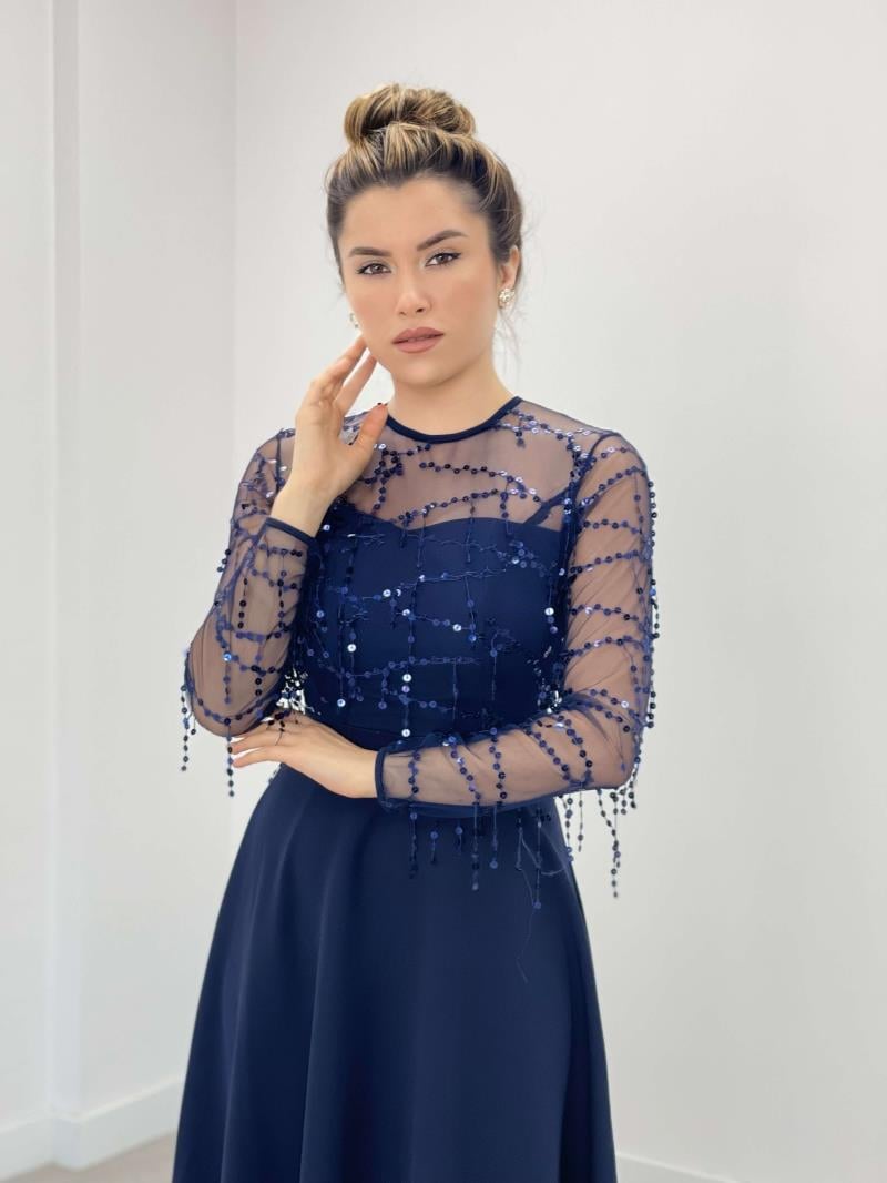 Top Fringed Sequin Bottom Crepe Fabric Midiboy Dress - NAVY BLUE