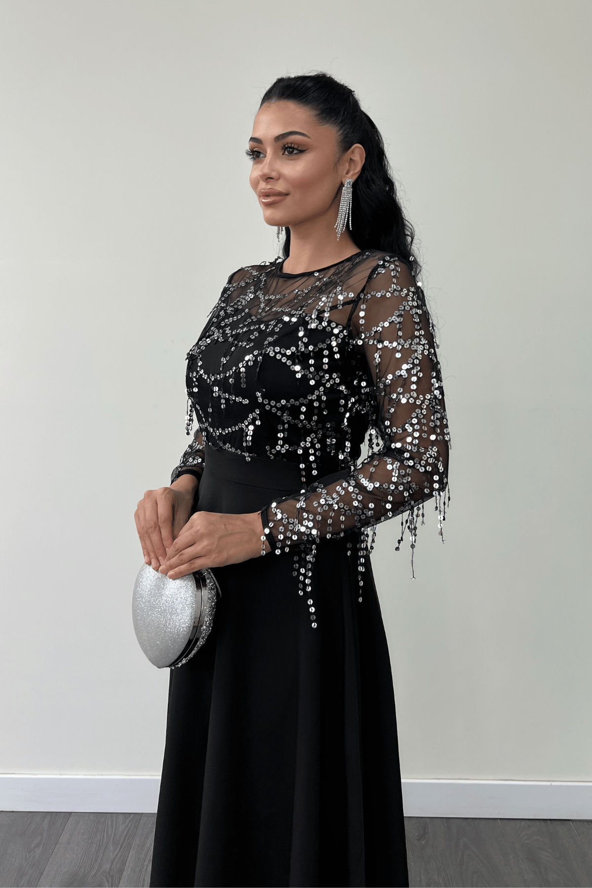 Üst Saçaklı Payet Alt Double Kumaş Midiboy Elbise - GÜMÜŞ