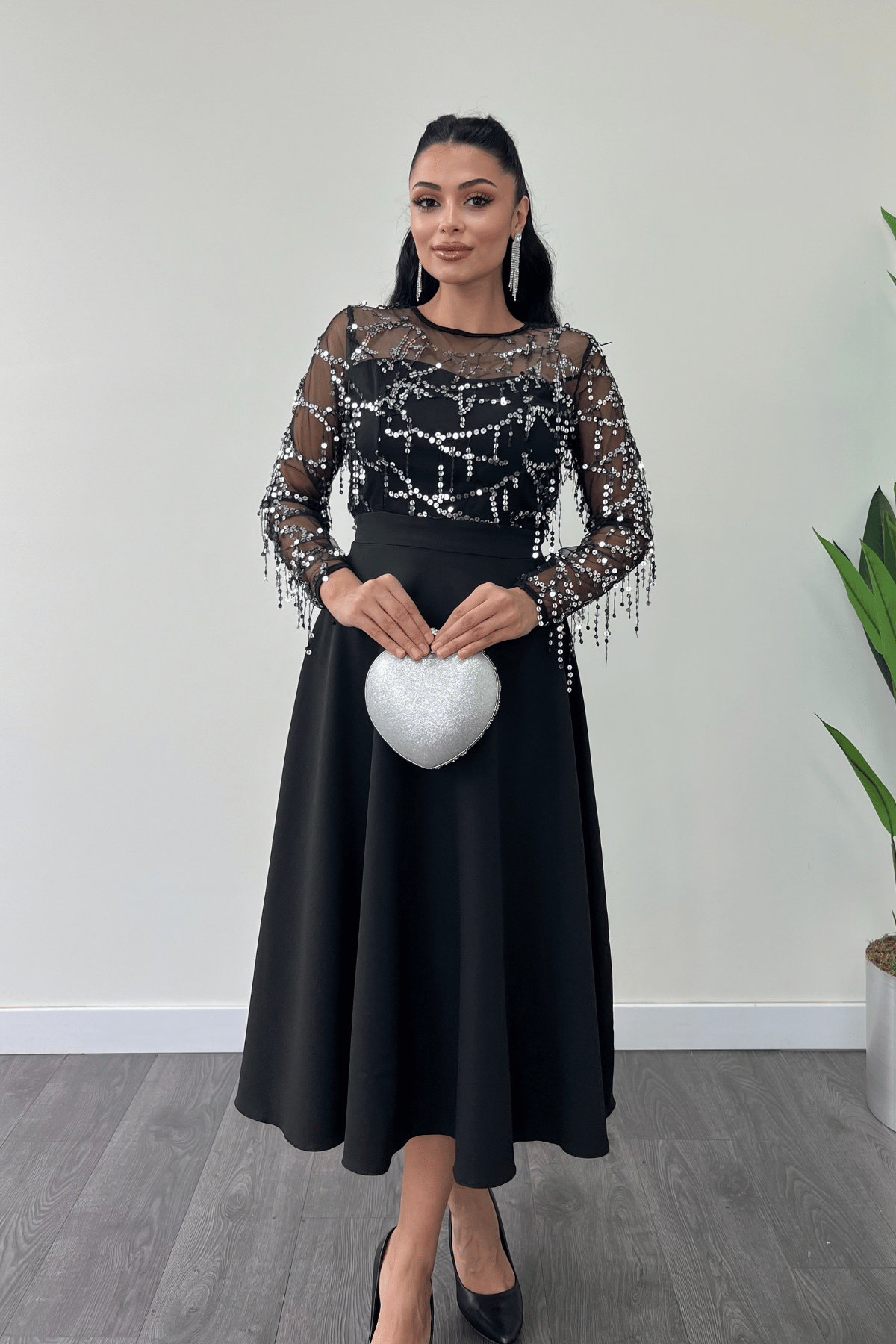 Üst Saçaklı Payet Alt Double Kumaş Midiboy Elbise - GÜMÜŞ