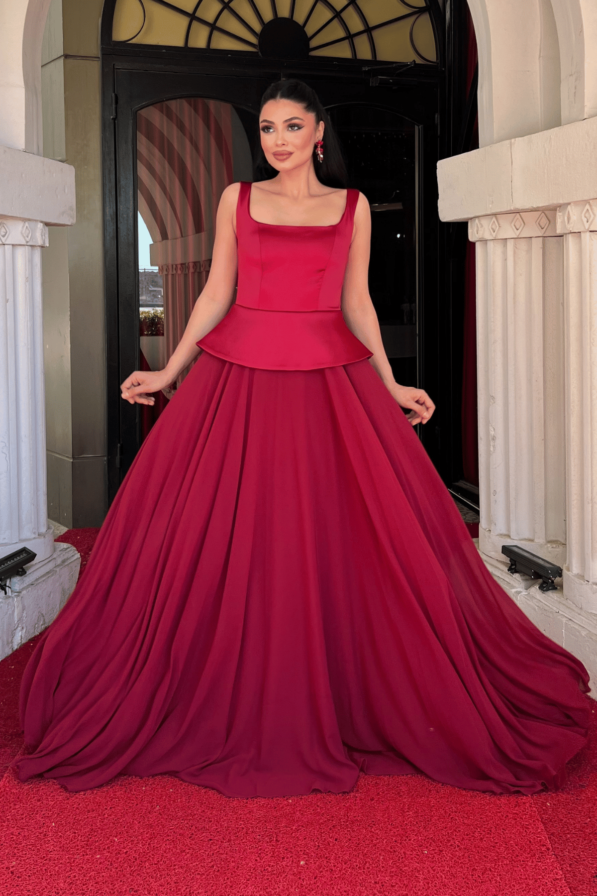 Üst Saten Alt Sifon Tasarım Elbise - BORDO