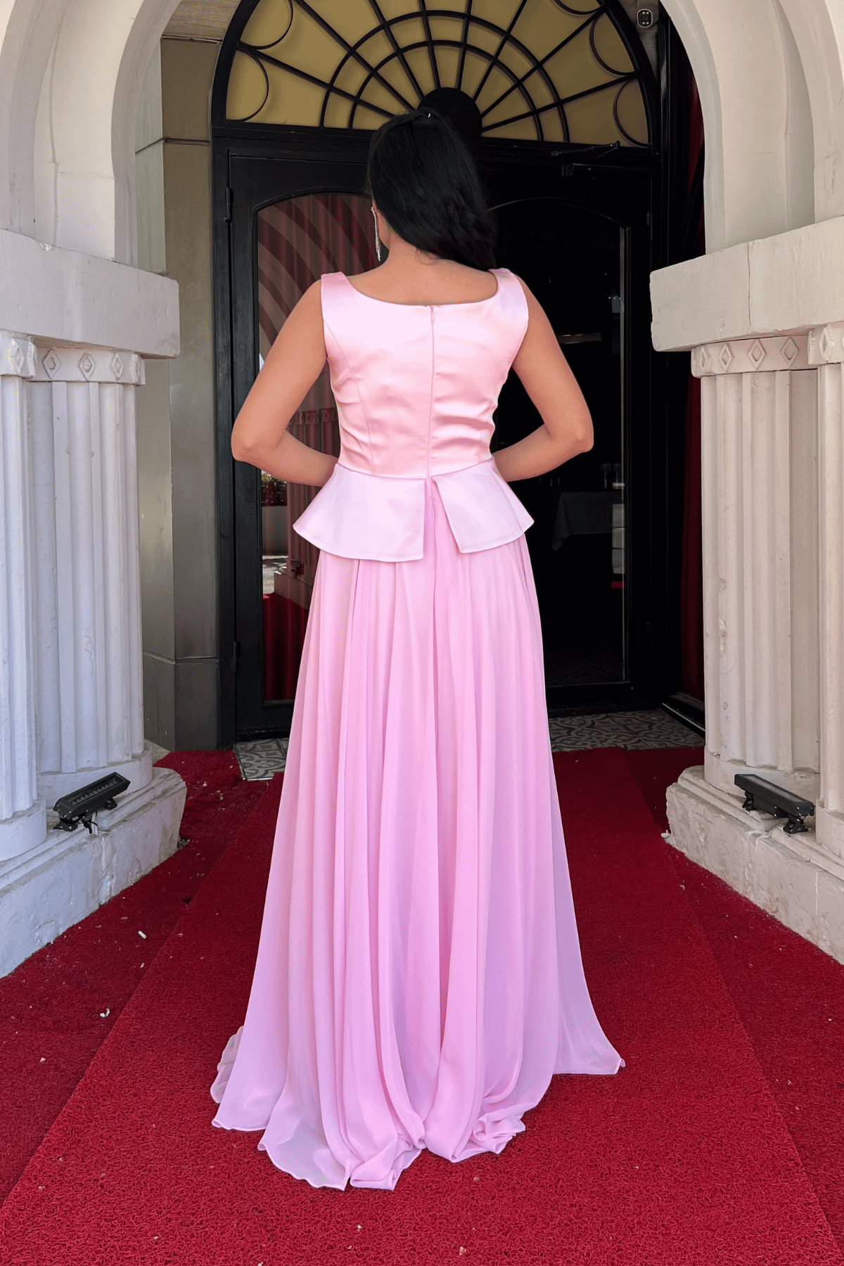 Üst Saten Alt Sifon Tasarım Elbise - PEMBE