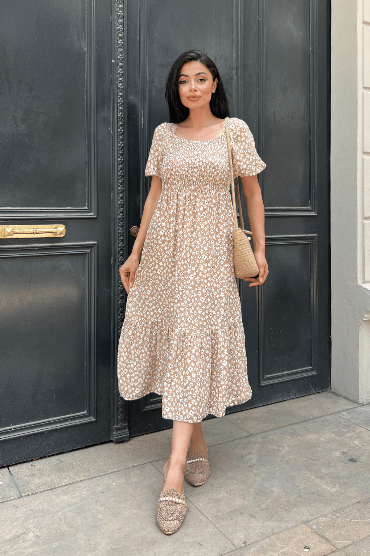 Viskon Kumas Göğüs Lastikli Midi Elbise - KREM