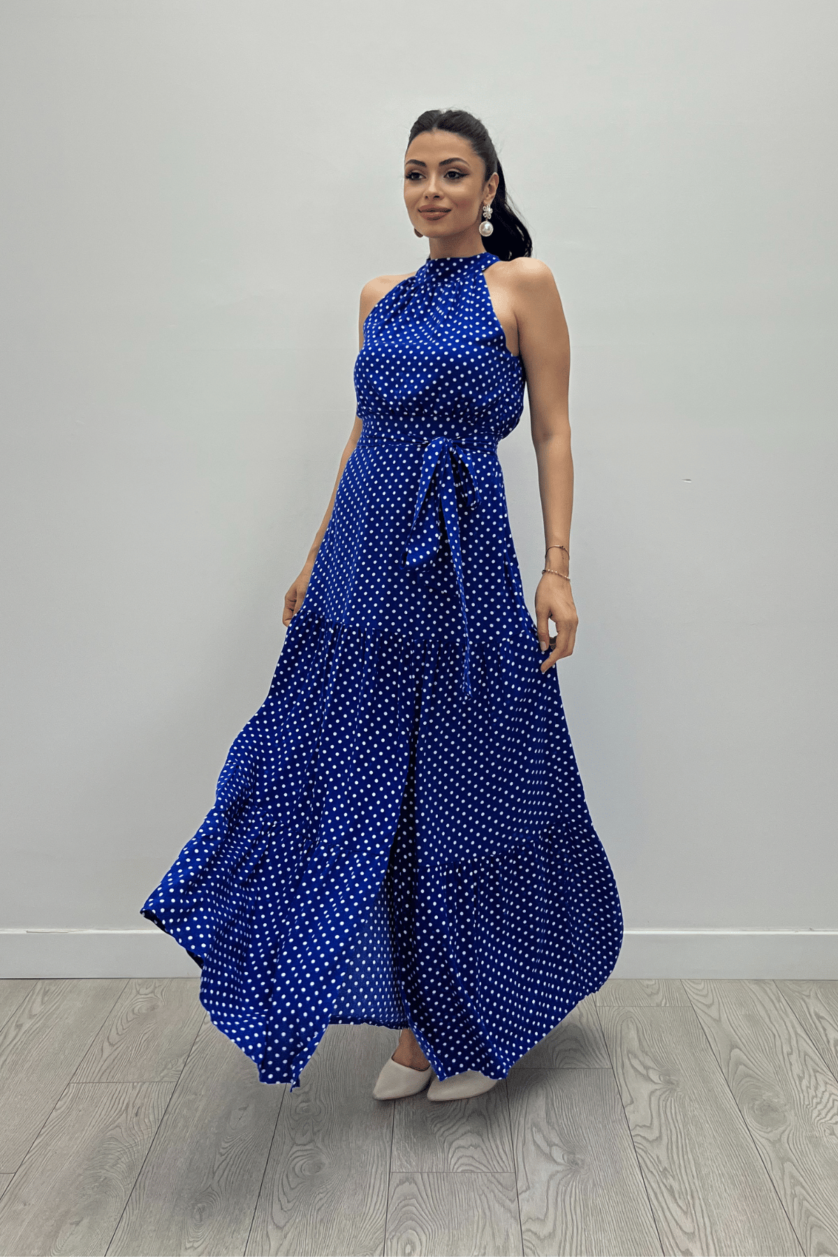 Viskon Kumas Puantiye Desenli Maxi Elbise - SAKS MAVİ