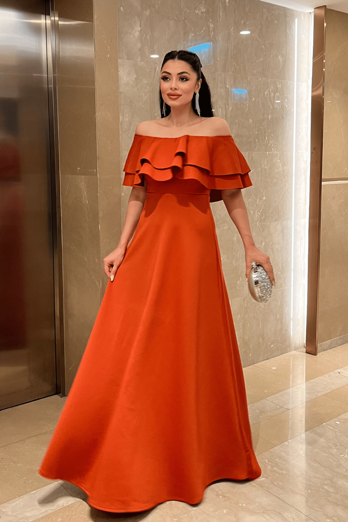 Volanlı Elbise - Kiremit