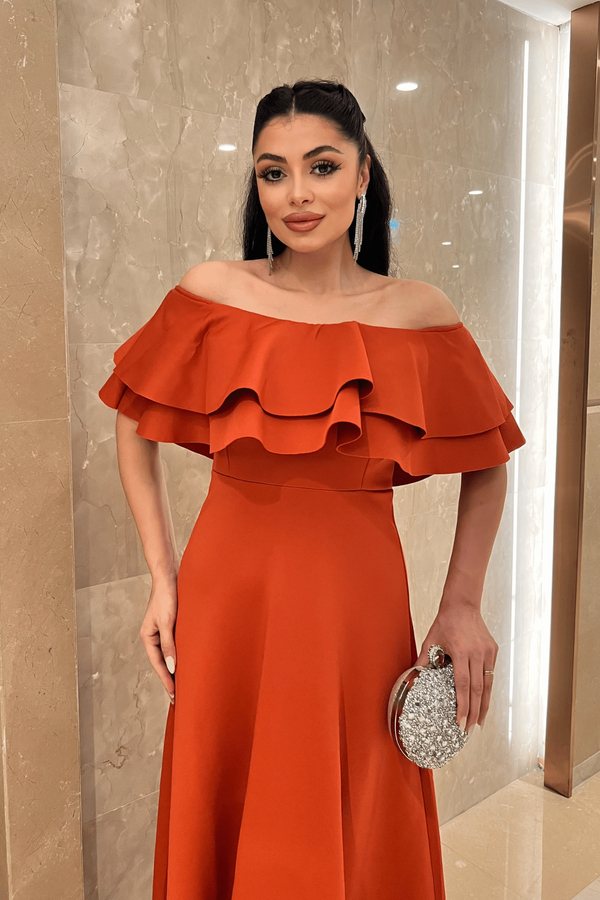 Volanlı Elbise - Kiremit