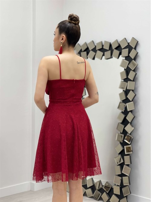 Strappy Lacing Silvery Dress - Red