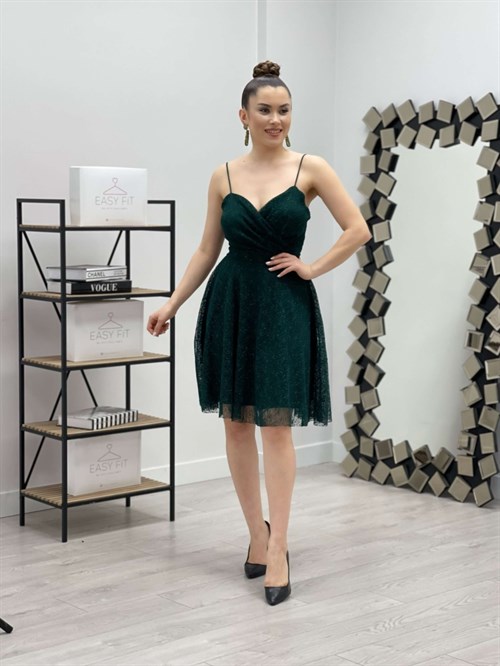 Strappy Lacing Silvery Dress - Emerald Green