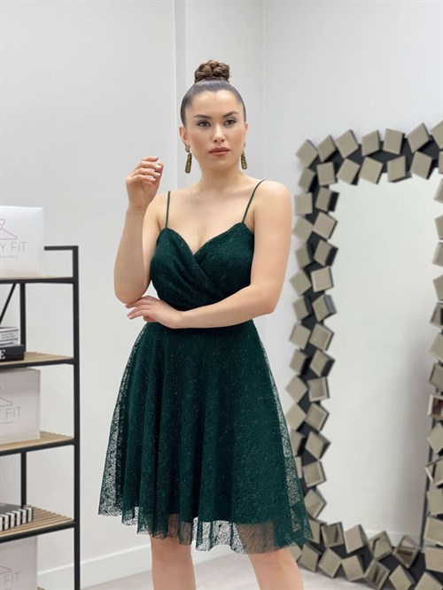 Strappy Lacing Silvery Dress - Emerald Green
