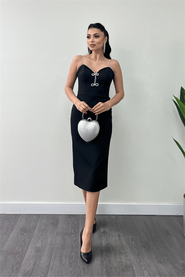 Atlas Kumaş Askılı Payet Detaylı Kalem Elbise - SİYAH