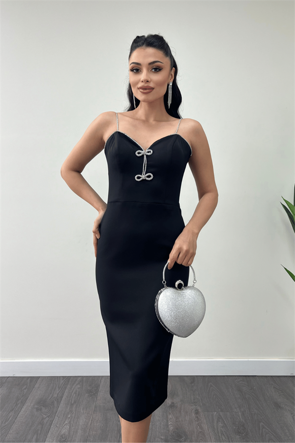 Atlas Kumaş Askılı Payet Detaylı Kalem Elbise - SİYAH