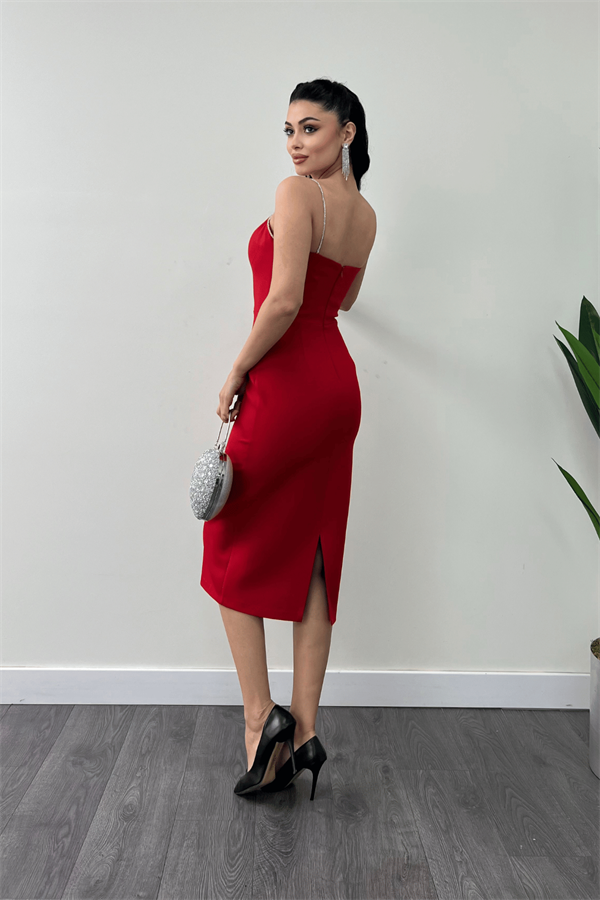 Atlas Kumaş Askılı Payet Detaylı Kalem Elbise - KIRMIZI