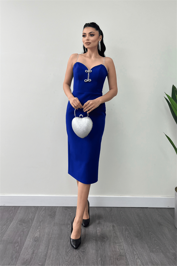 Atlas Kumaş Askılı Payet Detaylı Kalem Elbise - SAKS MAVİ