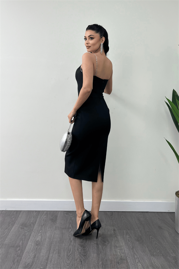 Atlas Kumaş Askılı Payet Detaylı Kalem Elbise - SİYAH