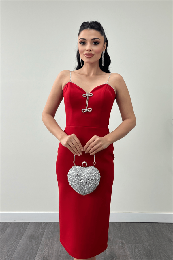 Atlas Kumaş Askılı Payet Detaylı Kalem Elbise - KIRMIZI