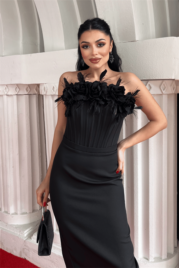 Atlas Kumaş Balenli Gül Detaylı Kalem Elbise - SİYAH