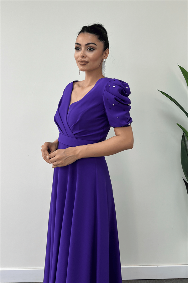 Atlas Kumaş Balon Kol İnci Detaylı Midi Elbise - MOR