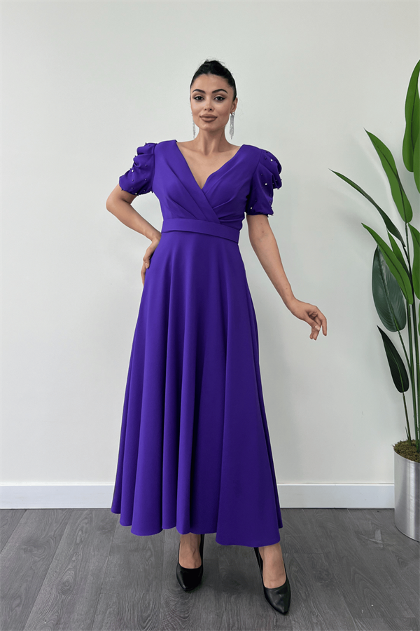 Atlas Kumaş Balon Kol İnci Detaylı Midi Elbise - MOR