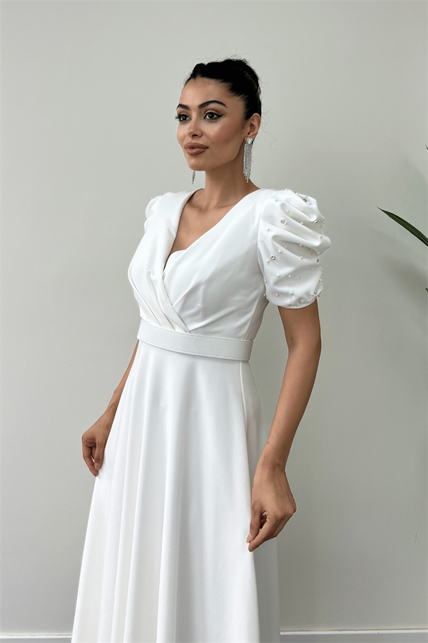 Atlas Kumaş Balon Kol İnci Detaylı Midi Elbise - BEYAZ