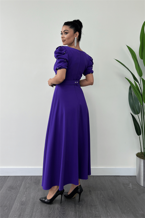 Atlas Kumaş Balon Kol İnci Detaylı Midi Elbise - MOR