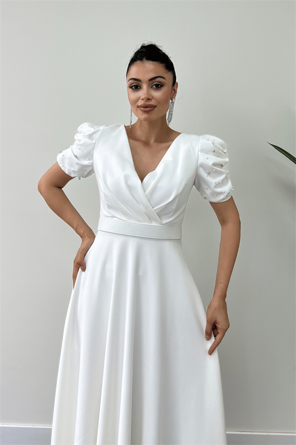 Atlas Kumaş Balon Kol İnci Detaylı Midi Elbise - BEYAZ