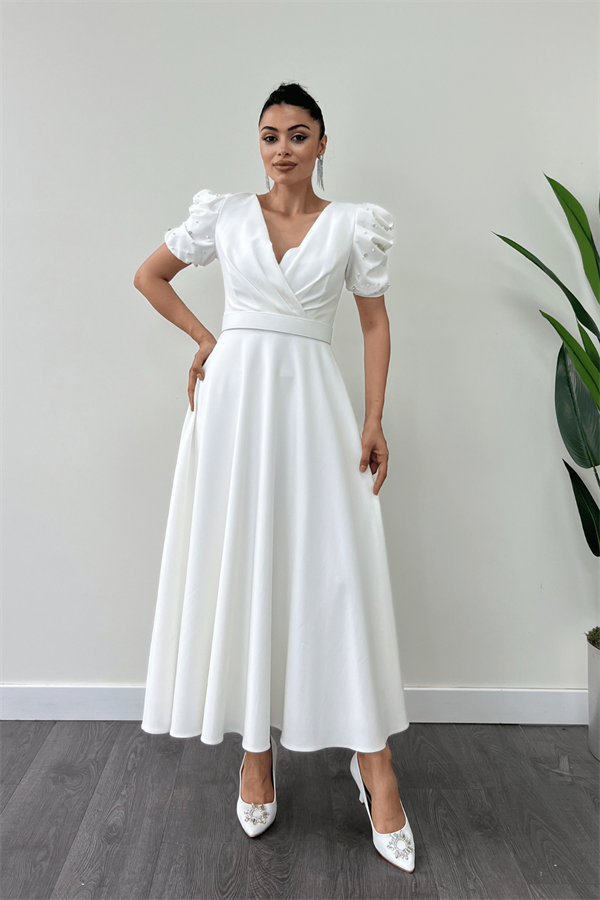 Atlas Kumaş Balon Kol İnci Detaylı Midi Elbise - BEYAZ