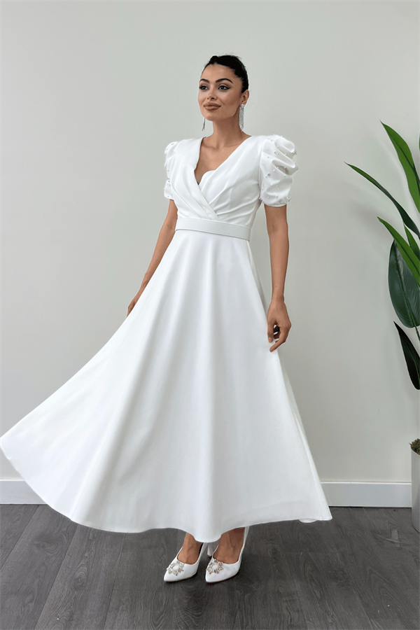 Atlas Kumaş Balon Kol İnci Detaylı Midi Elbise - BEYAZ