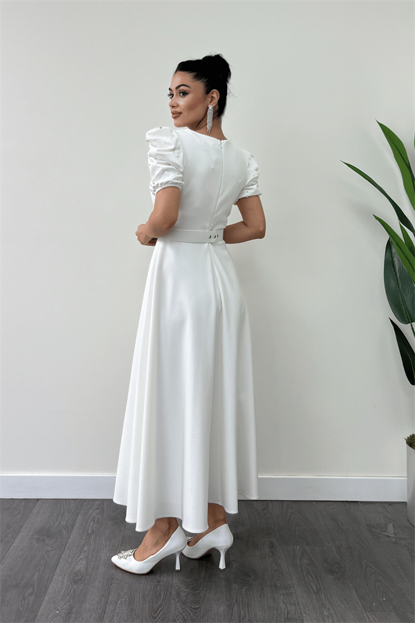 Atlas Kumaş Balon Kol İnci Detaylı Midi Elbise - BEYAZ