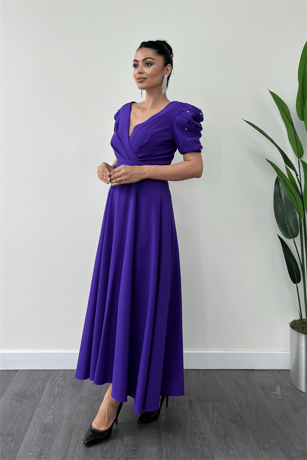 Atlas Kumaş Balon Kol İnci Detaylı Midi Elbise - MOR