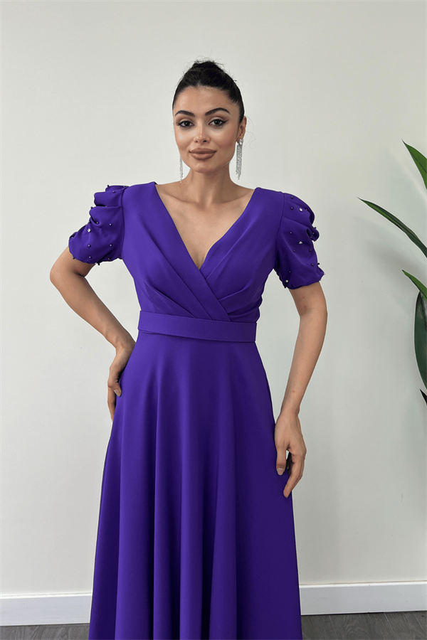 Atlas Kumaş Balon Kol İnci Detaylı Midi Elbise - MOR