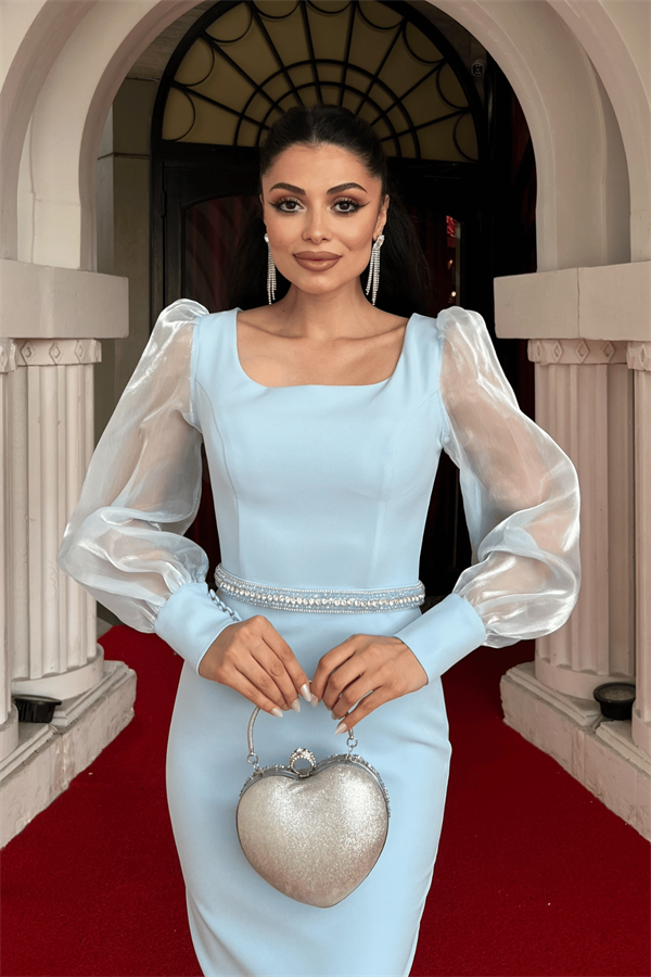 Atlas Kumaş Belli Taşlı Kalem Elbise - BEBE MAVİSİ