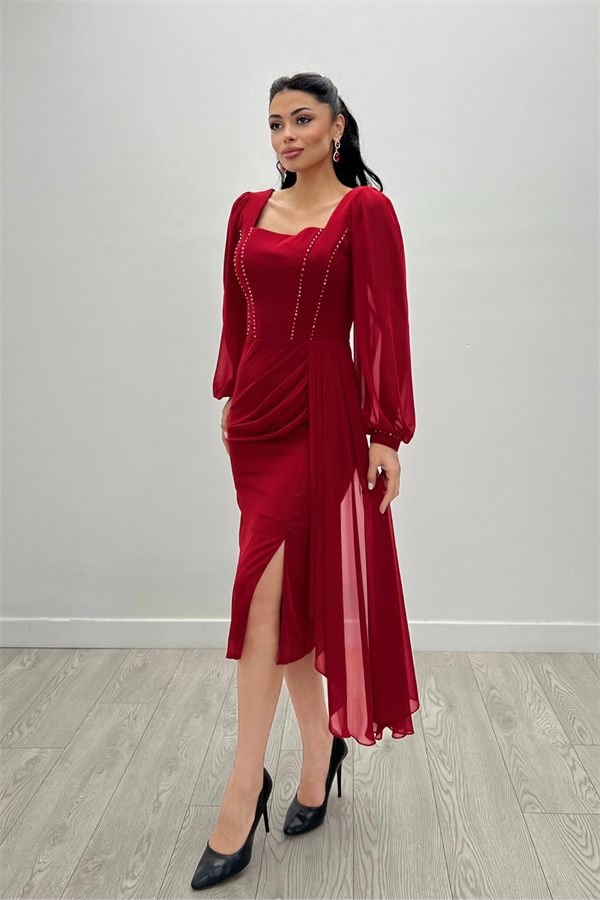 Atlas Kumaş Boncuk Detaylı Şifon Kol Kalem Elbise - KIRMIZI