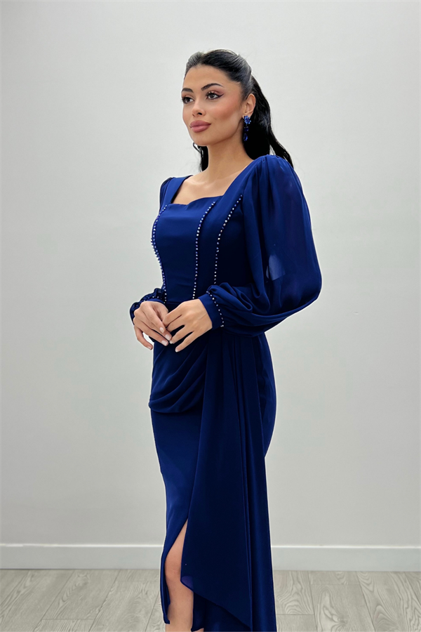 Atlas Kumaş Boncuk Detaylı Şifon Kol Kalem Elbise - SAKS MAVİ