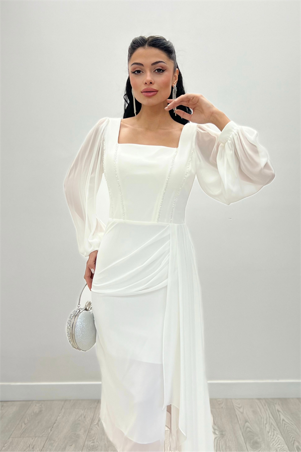 Atlas Kumaş Boncuk Detaylı Şifon Kol Kalem Elbise - BEYAZ