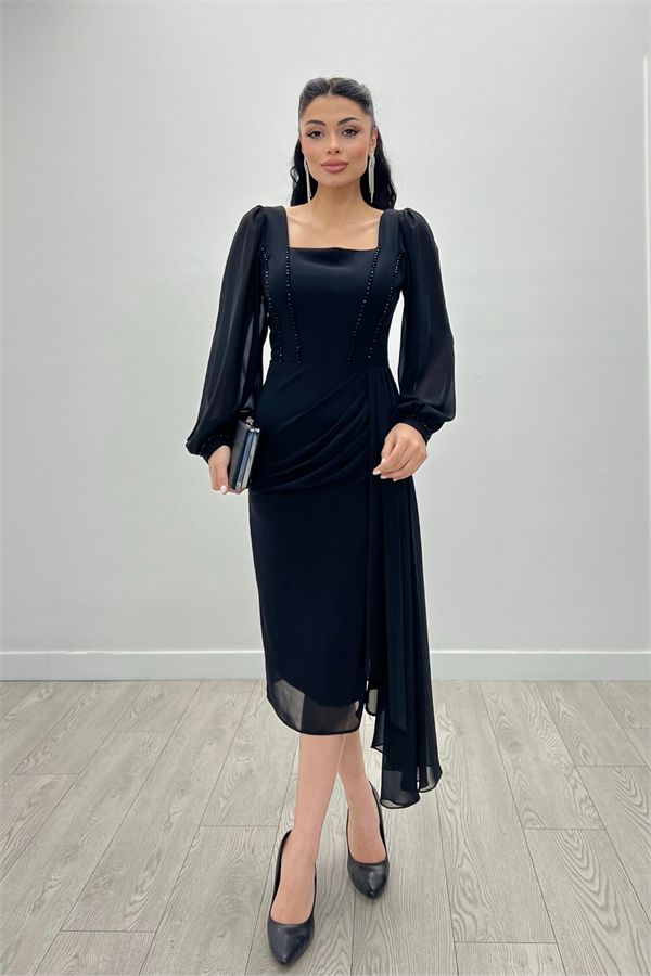 Atlas Kumaş Boncuk Detaylı Şifon Kol Kalem Elbise - SİYAH