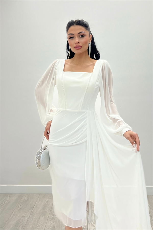 Atlas Kumaş Boncuk Detaylı Şifon Kol Kalem Elbise - BEYAZ
